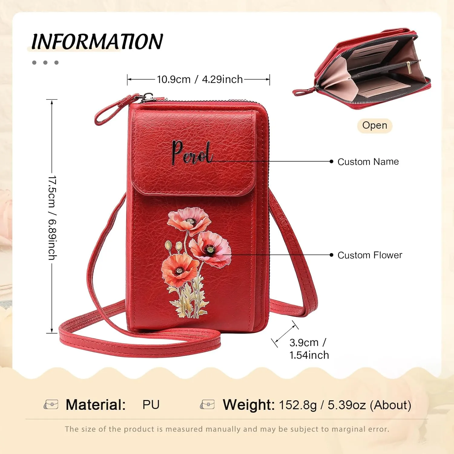 Leather Customizable Engraved Purse with Wrist Strap for Women Personalized Birthflower Name Money Clip Wallet