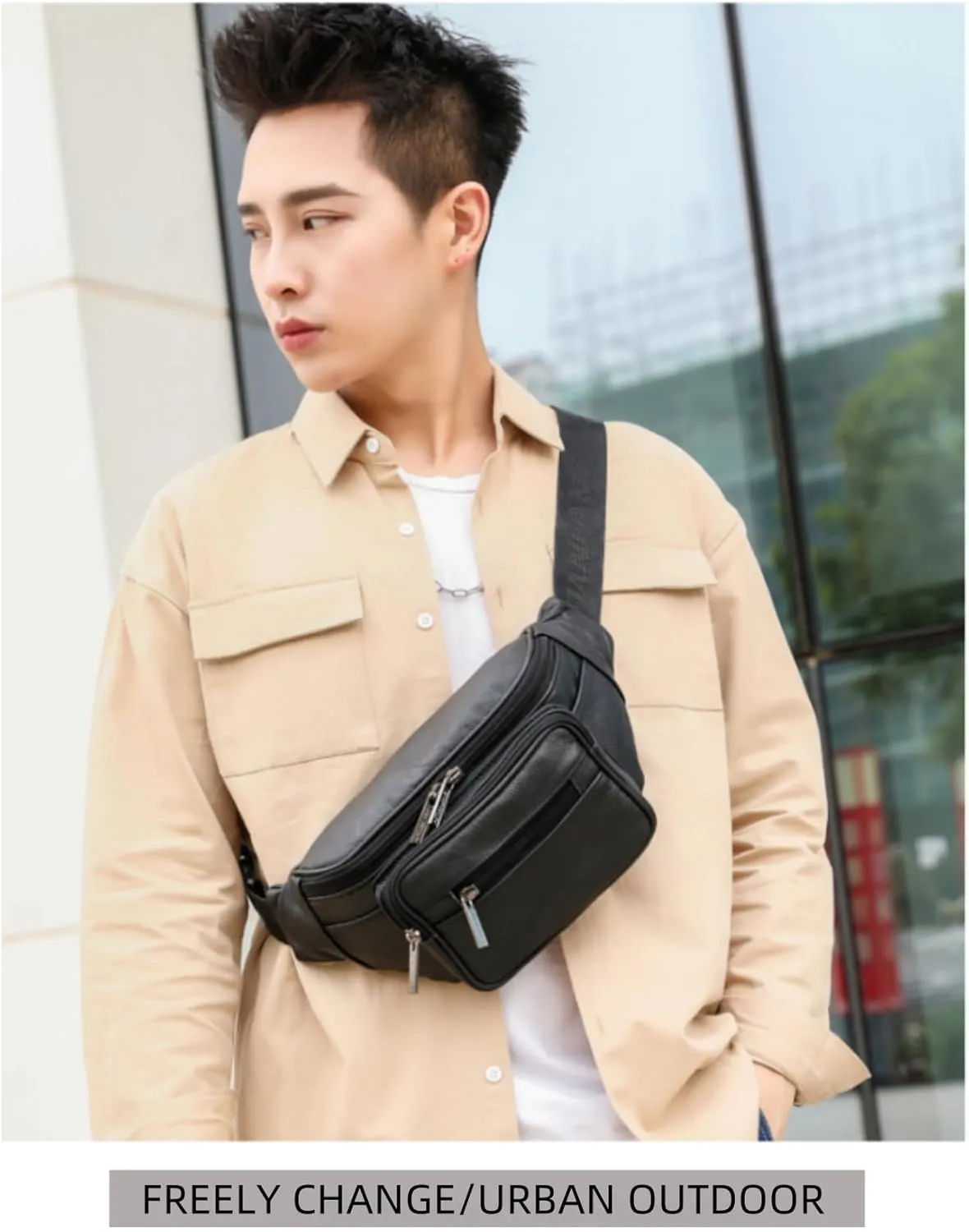 leather Fanny pack, Outdoor travel waist Pack Cowhide Leather Large Size 2 Pockets waist bag.Suitable for outdoor mountaineering, travel, camping, cycling, running, etc.（black-E）