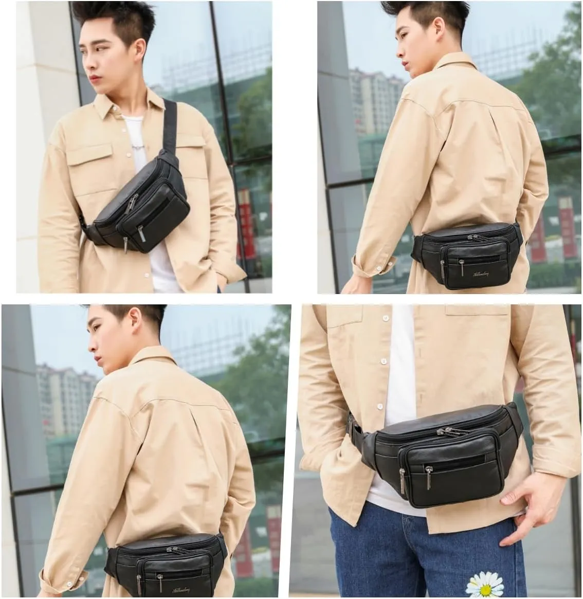 leather Fanny pack, Outdoor travel waist Pack Cowhide Leather Large Size 2 Pockets waist bag.Suitable for outdoor mountaineering, travel, camping, cycling, running, etc.（black-E）