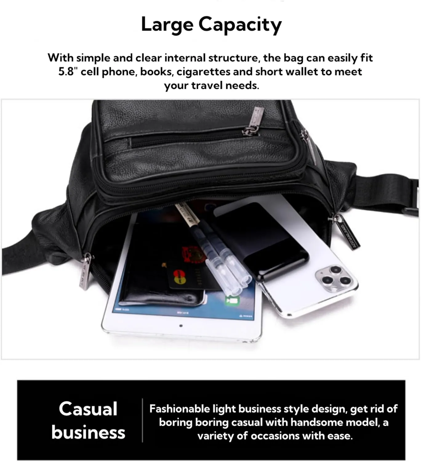 leather Fanny pack, Outdoor travel waist Pack Cowhide Leather Large Size 2 Pockets waist bag.Suitable for outdoor mountaineering, travel, camping, cycling, running, etc.（black-E）