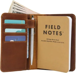 Leather field notes wallet cover for memo – pocket sized notebook, fits 3.5” x 5.5” notebooks, separate pocket for cash, real top grain leather, multiple pockets for extra functionality and pen loop