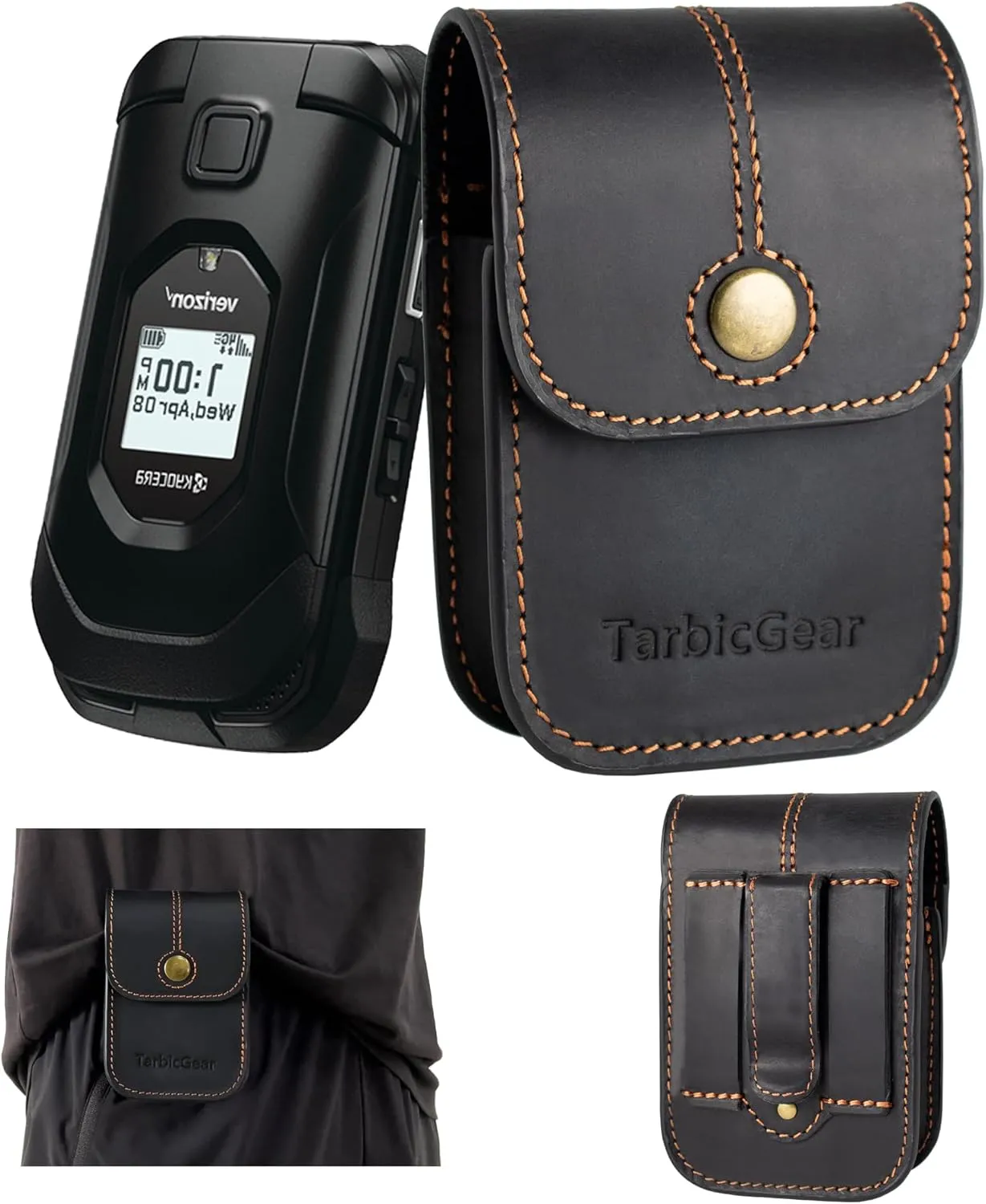 Leather Kyocera Flip Phone Case with Belt Clip, TCL Flip Phone Holster for Belt, Cat S22 Flip Case, Nokia Flip Phones, Sonim XP3 Plus Magnetic Phone Pouch, Black