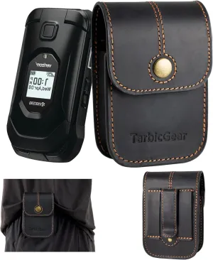 Leather Kyocera Flip Phone Case with Belt Clip, TCL Flip Phone Holster for Belt, Cat S22 Flip Case, Nokia Flip Phones, Sonim XP3 Plus Magnetic Phone Pouch, Black