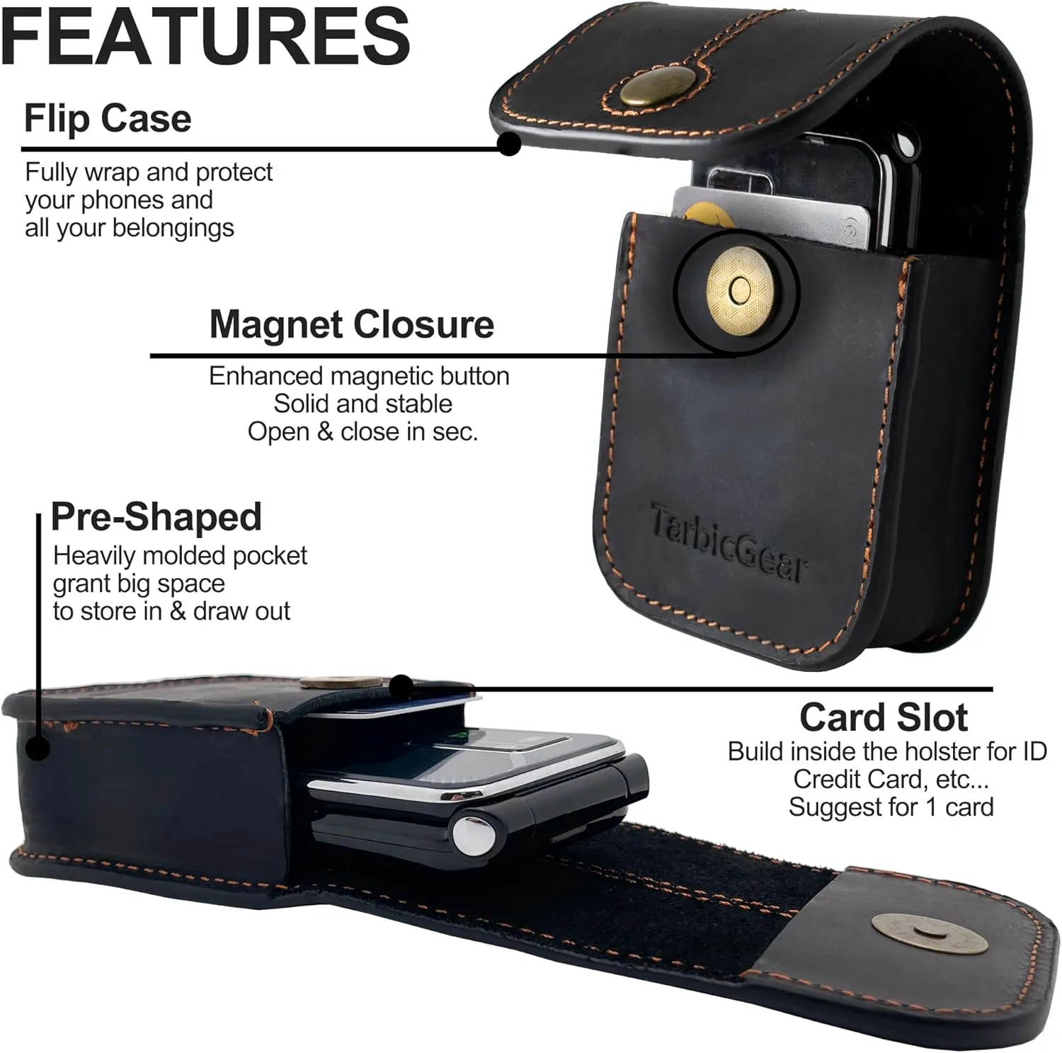 Leather Kyocera Flip Phone Case with Belt Clip, TCL Flip Phone Holster for Belt, Cat S22 Flip Case, Nokia Flip Phones, Sonim XP3 Plus Magnetic Phone Pouch, Black