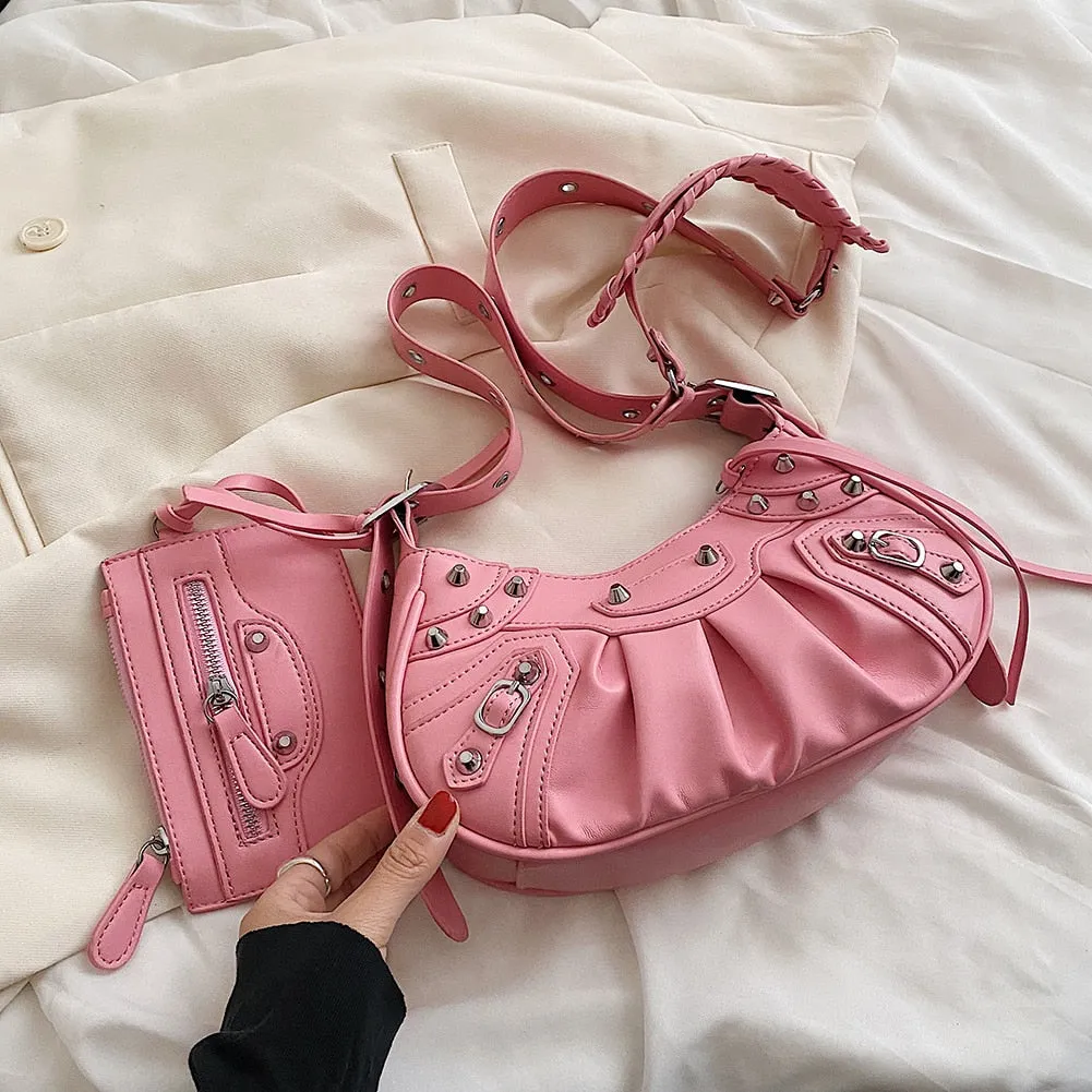 Leather Rivet Studded Shoulder Bag