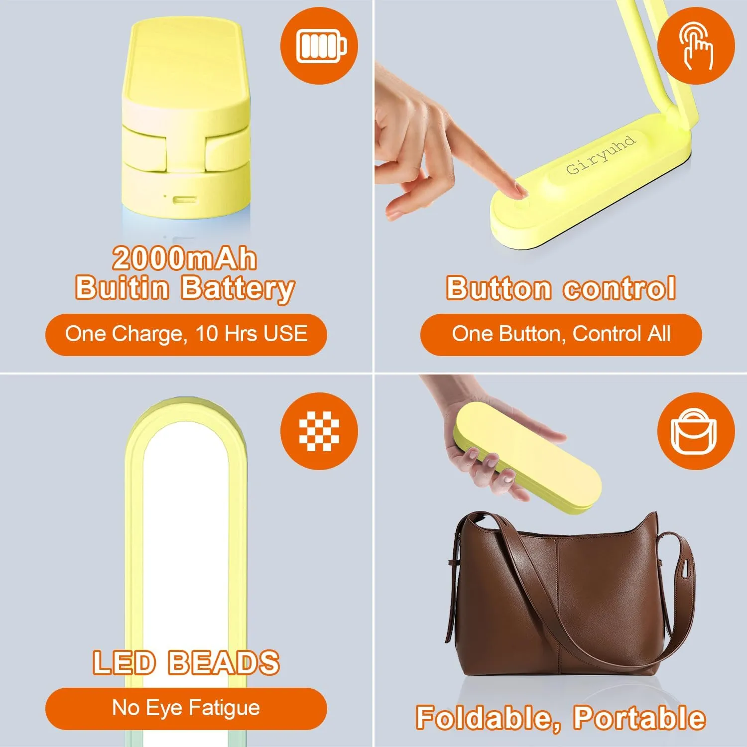 LED Desk Lamp for Office Home & Battery Operated Lamp Rechargeable Lamp Foldable & Portable Light, LED Desk Light Strip, 3 Brightness Dimmable Small Desk Lamp Reading Lamp (Yellow)