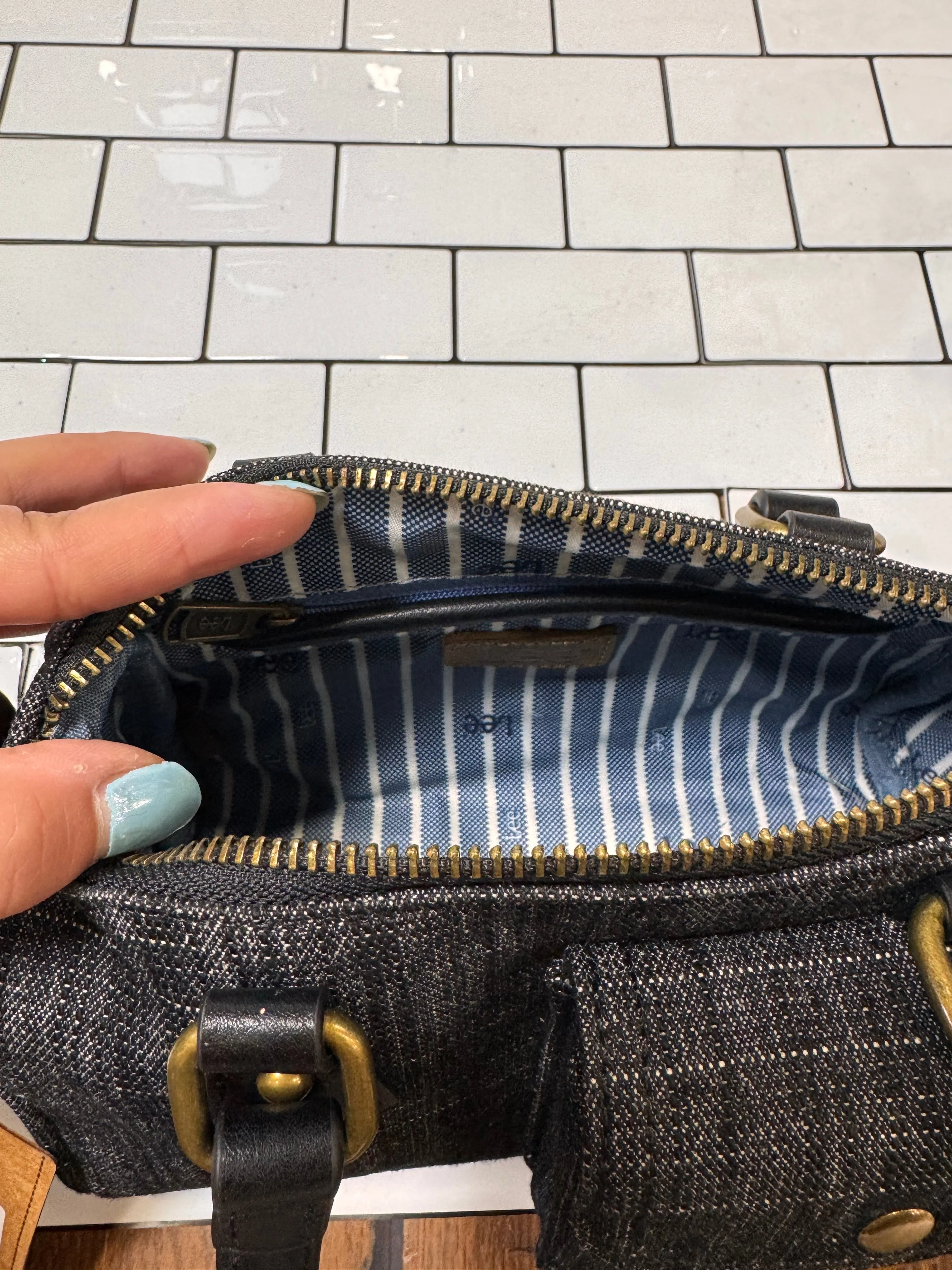 Lee Denim Canvas Barrel Handle Crossbody Tote Bag