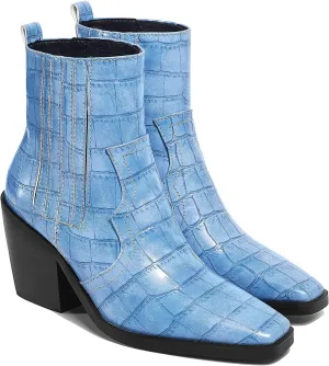 LEHOOR Chunky Stacked Heel Western Cowboy Boots for Women Crocodile Square Toe Pull On Cowgirl Boots Booties Embroidered Matte Leather Low Heel Combat Booties Vintage Dressy Fashion Casual 4-11 M US