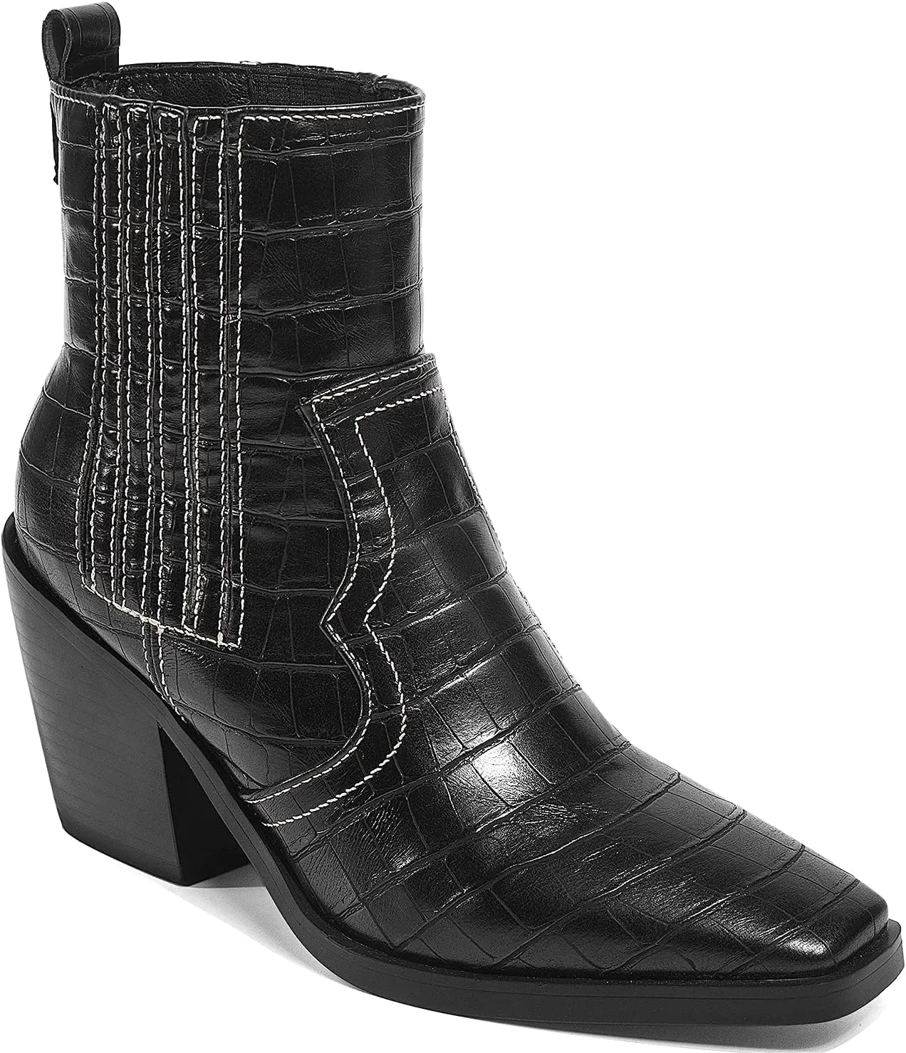 LEHOOR Chunky Stacked Heel Western Cowboy Boots for Women Crocodile Square Toe Pull On Cowgirl Boots Booties Embroidered Matte Leather Low Heel Combat Booties Vintage Dressy Fashion Casual 4-11 M US