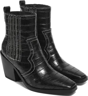 LEHOOR Chunky Stacked Heel Western Cowboy Boots for Women Crocodile Square Toe Pull On Cowgirl Boots Booties Embroidered Matte Leather Low Heel Combat Booties Vintage Dressy Fashion Casual 4-11 M US