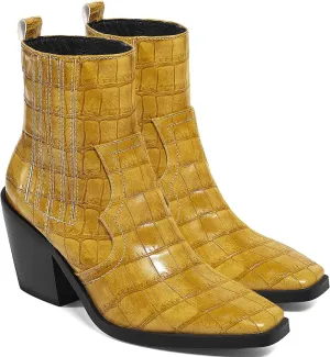 LEHOOR Chunky Stacked Heel Western Cowboy Boots for Women Crocodile Square Toe Pull On Cowgirl Boots Booties Embroidered Matte Leather Low Heel Combat Booties Vintage Dressy Fashion Casual 4-11 M US