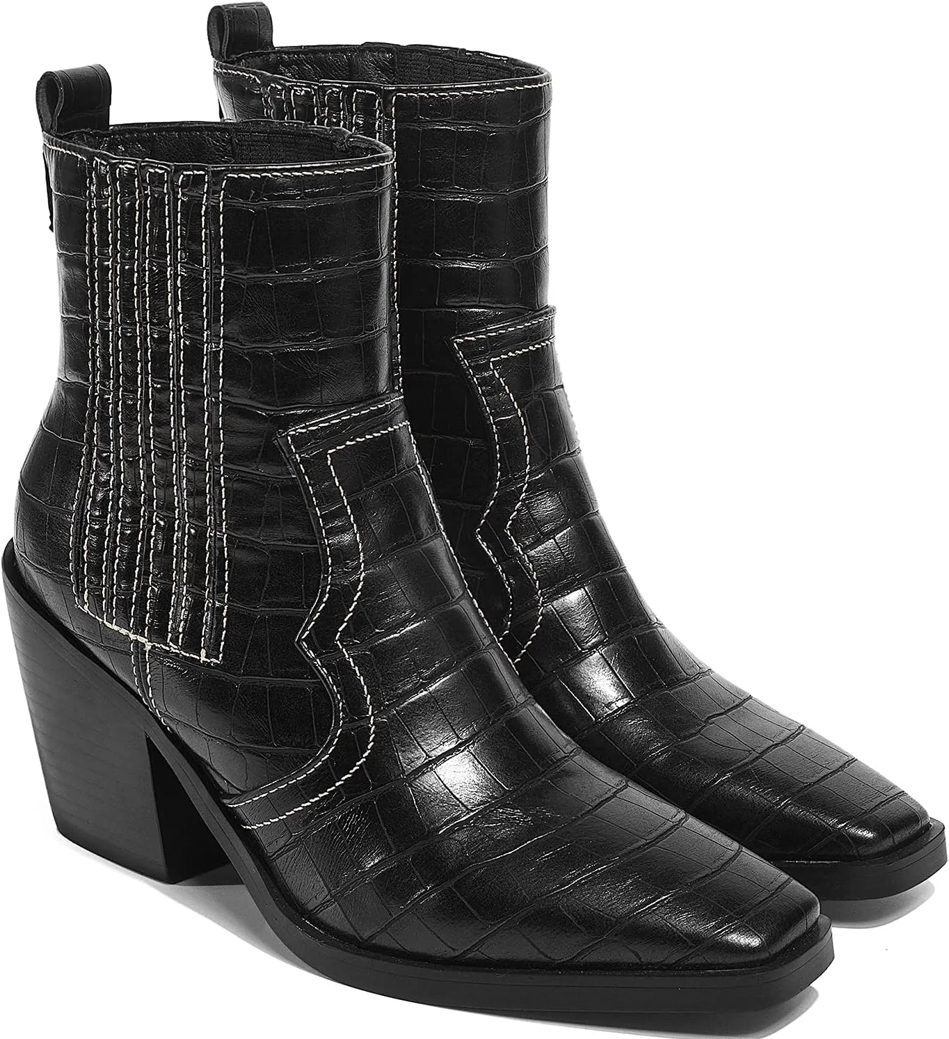 LEHOOR Chunky Stacked Heel Western Cowboy Boots for Women Crocodile Square Toe Pull On Cowgirl Boots Booties Embroidered Matte Leather Low Heel Combat Booties Vintage Dressy Fashion Casual 4-11 M US