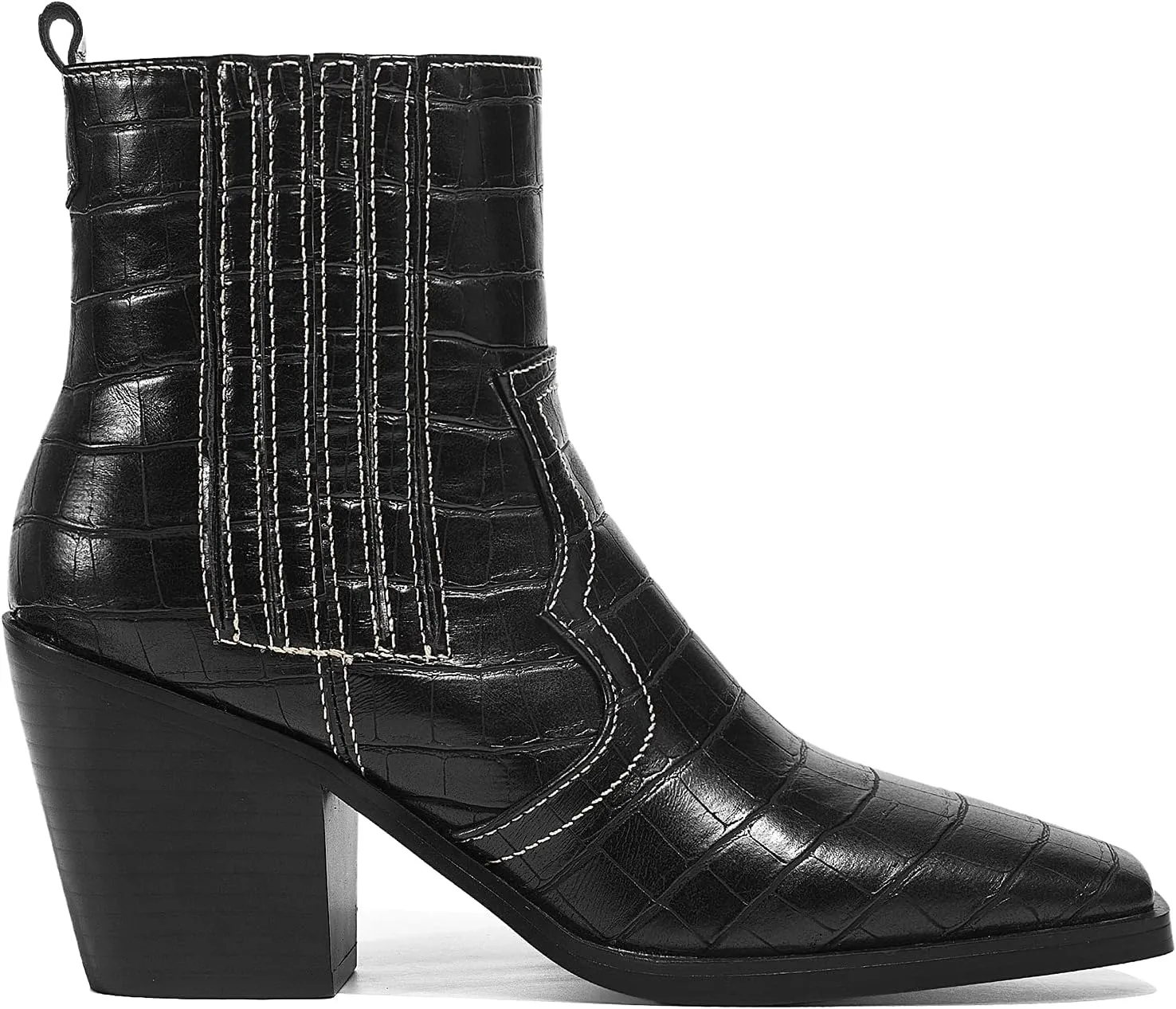 LEHOOR Chunky Stacked Heel Western Cowboy Boots for Women Crocodile Square Toe Pull On Cowgirl Boots Booties Embroidered Matte Leather Low Heel Combat Booties Vintage Dressy Fashion Casual 4-11 M US