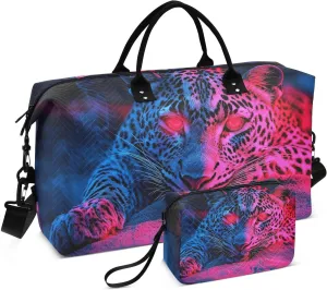 Leopard Neon Face Duffel Bag for Traveling, Gym Bags with Multiple Interior Pockets for Women Men Toiletry Purse Included 20.5”x 1.9” x 13.8”