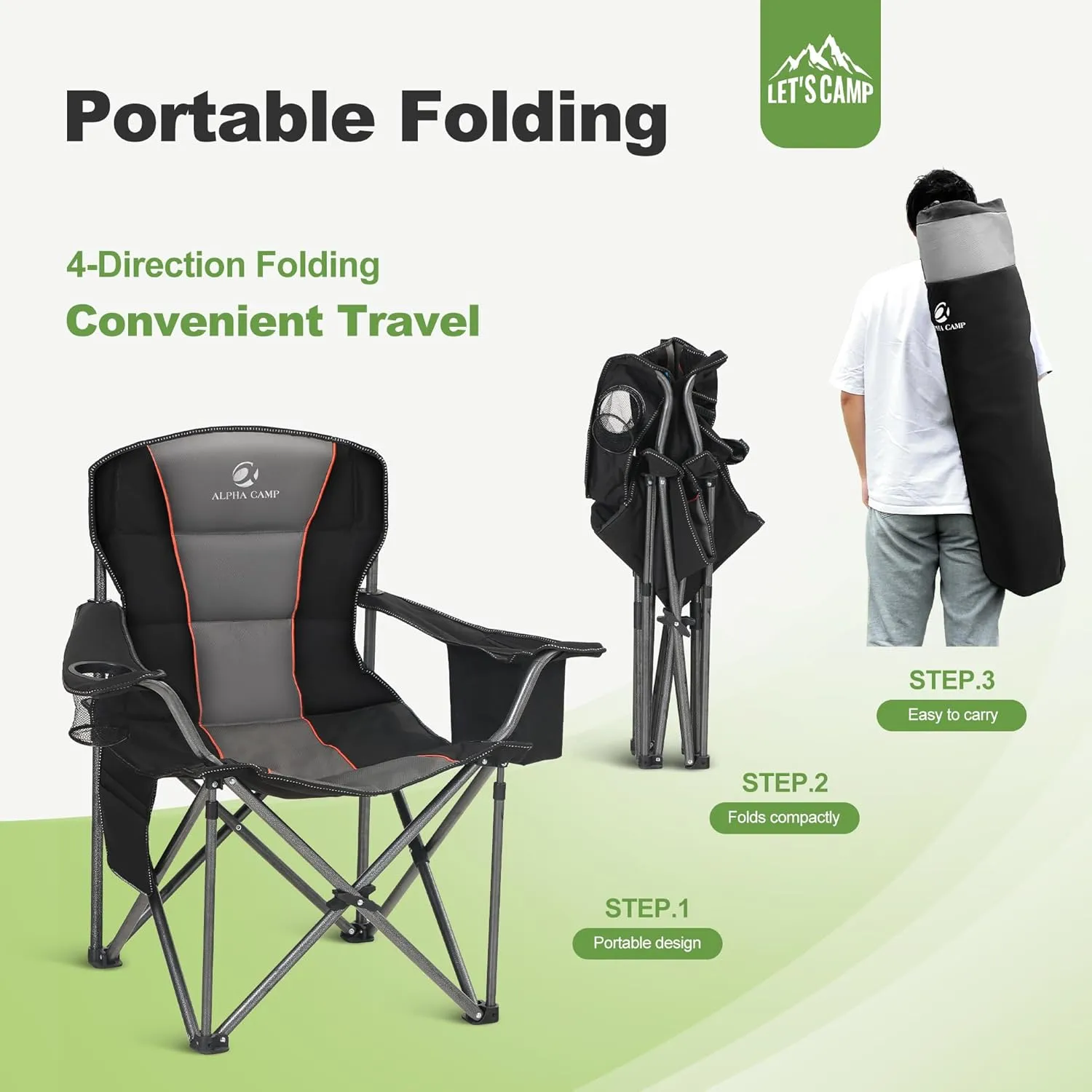 LET'S CAMP Folding Camping Chair Oversized Heavy Duty Padded Outdoor Chair with Cup Holder Storage and Cooler Bag, 450 LBS Weight Capacity, Thicken 600D Oxford