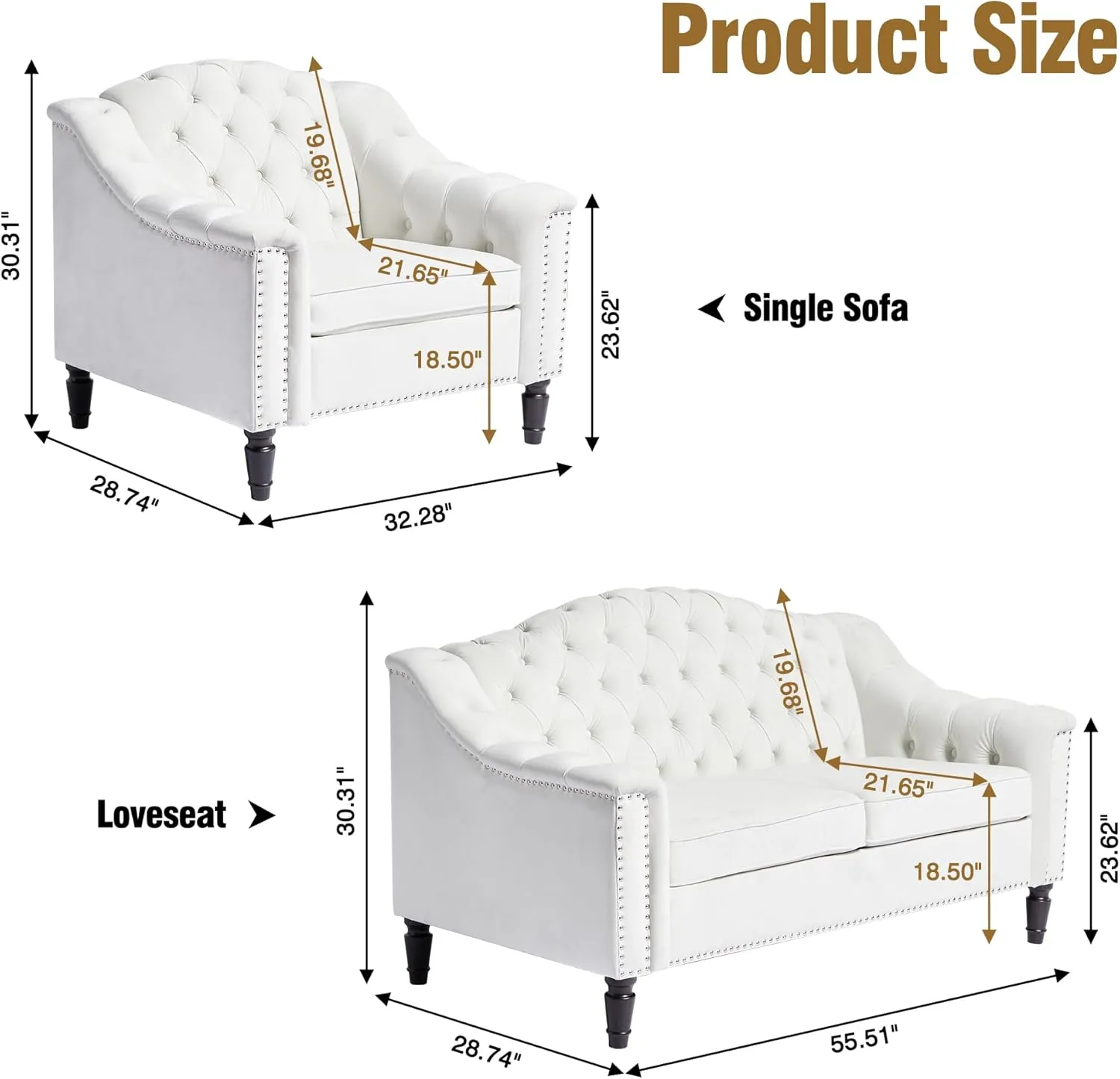 LEVNARY 2-Piece Couch Set for Living Room, White Velvet Sofa Chesterfield Couch with Button Tufted Design, Armchair & Loveseat Sectional Furniture Set for Apartment Home Office (White,1 2)
