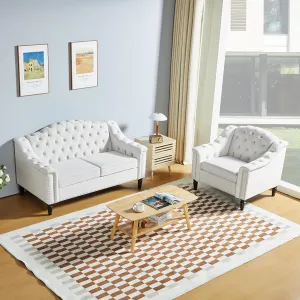 LEVNARY 2-Piece Couch Set for Living Room, White Velvet Sofa Chesterfield Couch with Button Tufted Design, Armchair & Loveseat Sectional Furniture Set for Apartment Home Office (White,1 2)