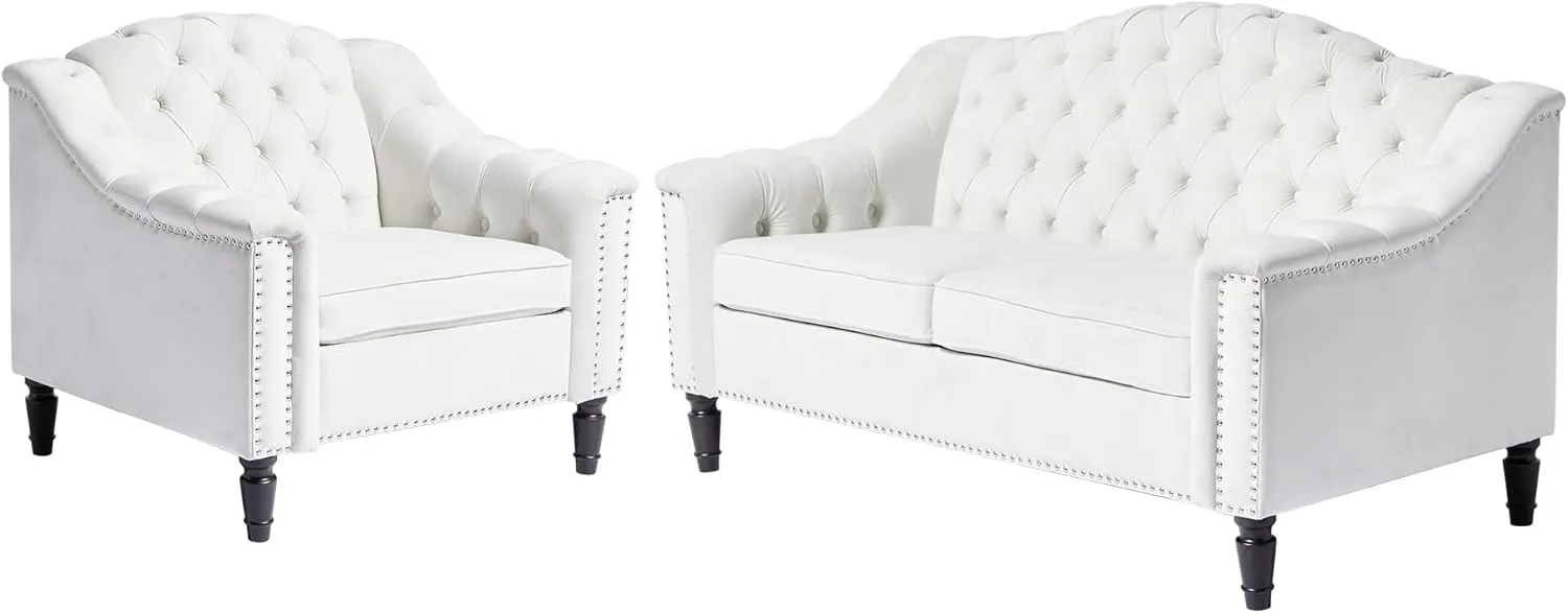 LEVNARY 2-Piece Couch Set for Living Room, White Velvet Sofa Chesterfield Couch with Button Tufted Design, Armchair & Loveseat Sectional Furniture Set for Apartment Home Office (White,1 2)