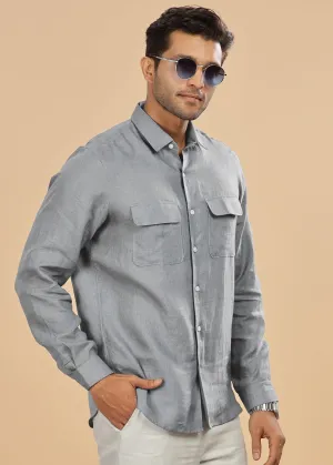 Liam - Pure Linen Double Pocket Classy Full Sleeve Shirt - Slate Grey
