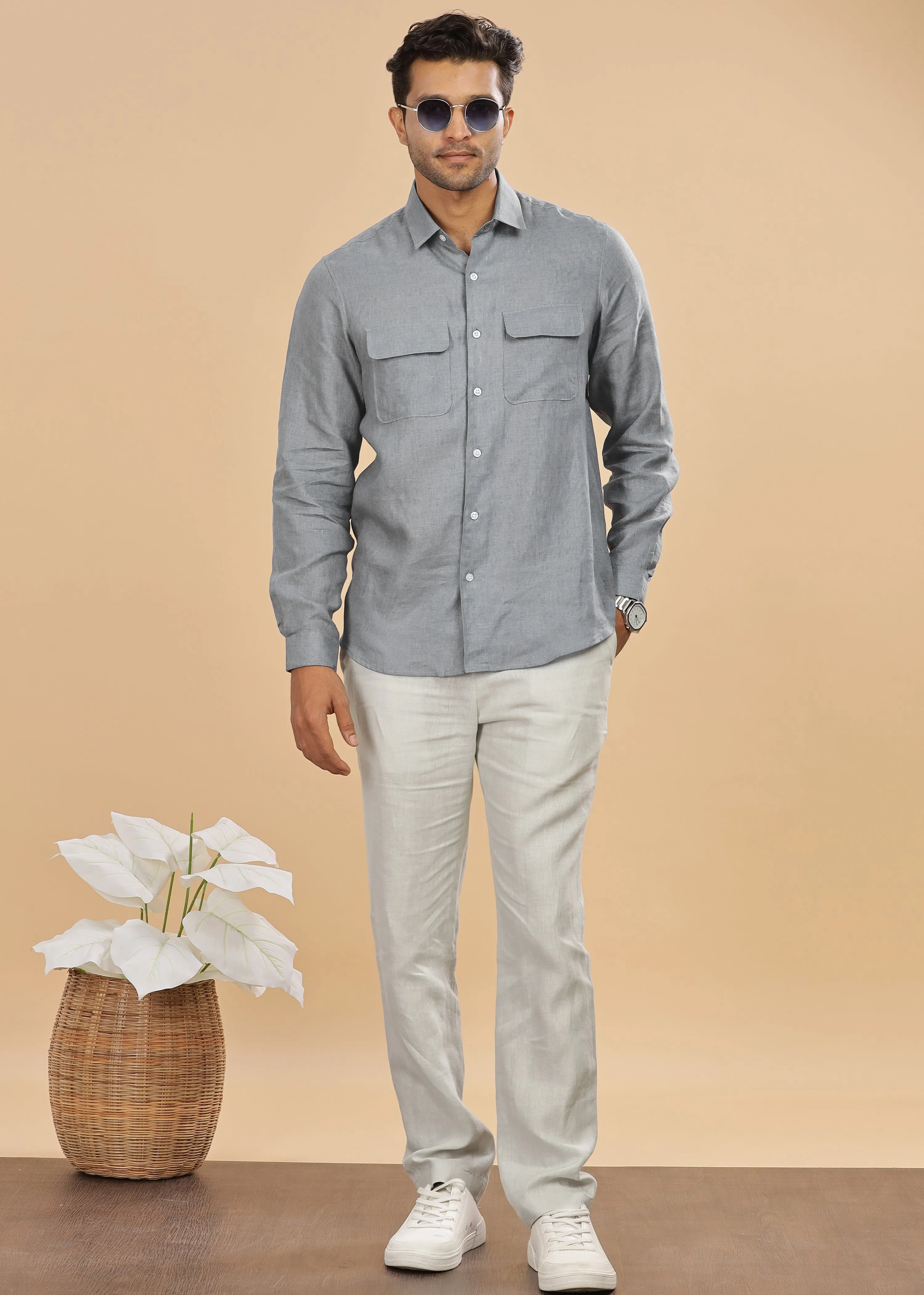 Liam - Pure Linen Double Pocket Classy Full Sleeve Shirt - Slate Grey