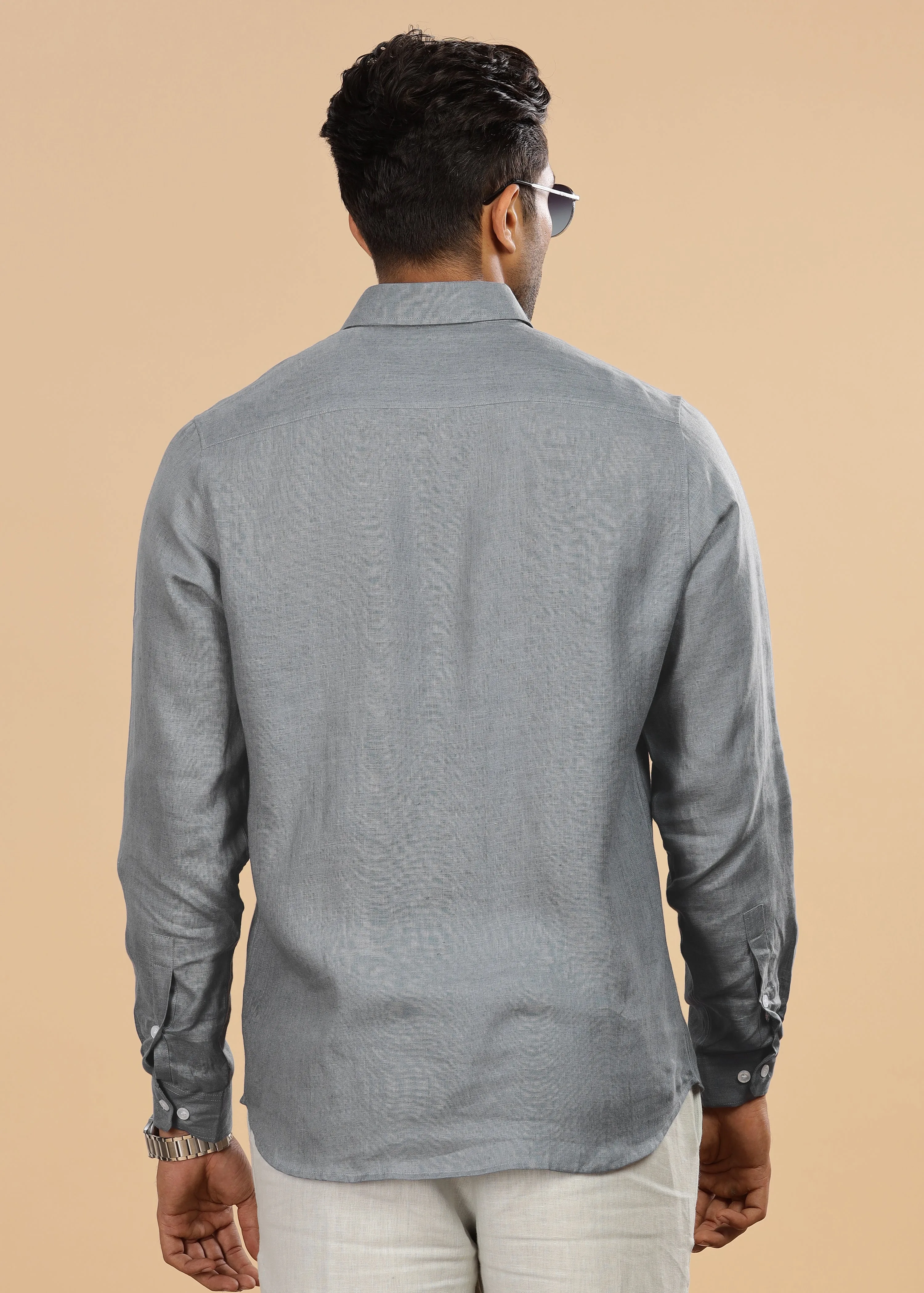 Liam - Pure Linen Double Pocket Classy Full Sleeve Shirt - Slate Grey