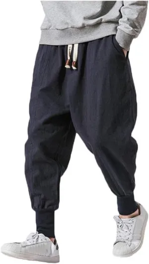 LifeHe Men Linen Drop Crotch Wide Leg Baggy Harem Pants