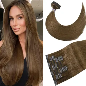 Light Brown Clip in Hair Extensions 15 Inch 75g Ntural Straight Remy Human Hair #6 Chestnut Brown Hair Extensions Clip in Soft Silky Straight Hair