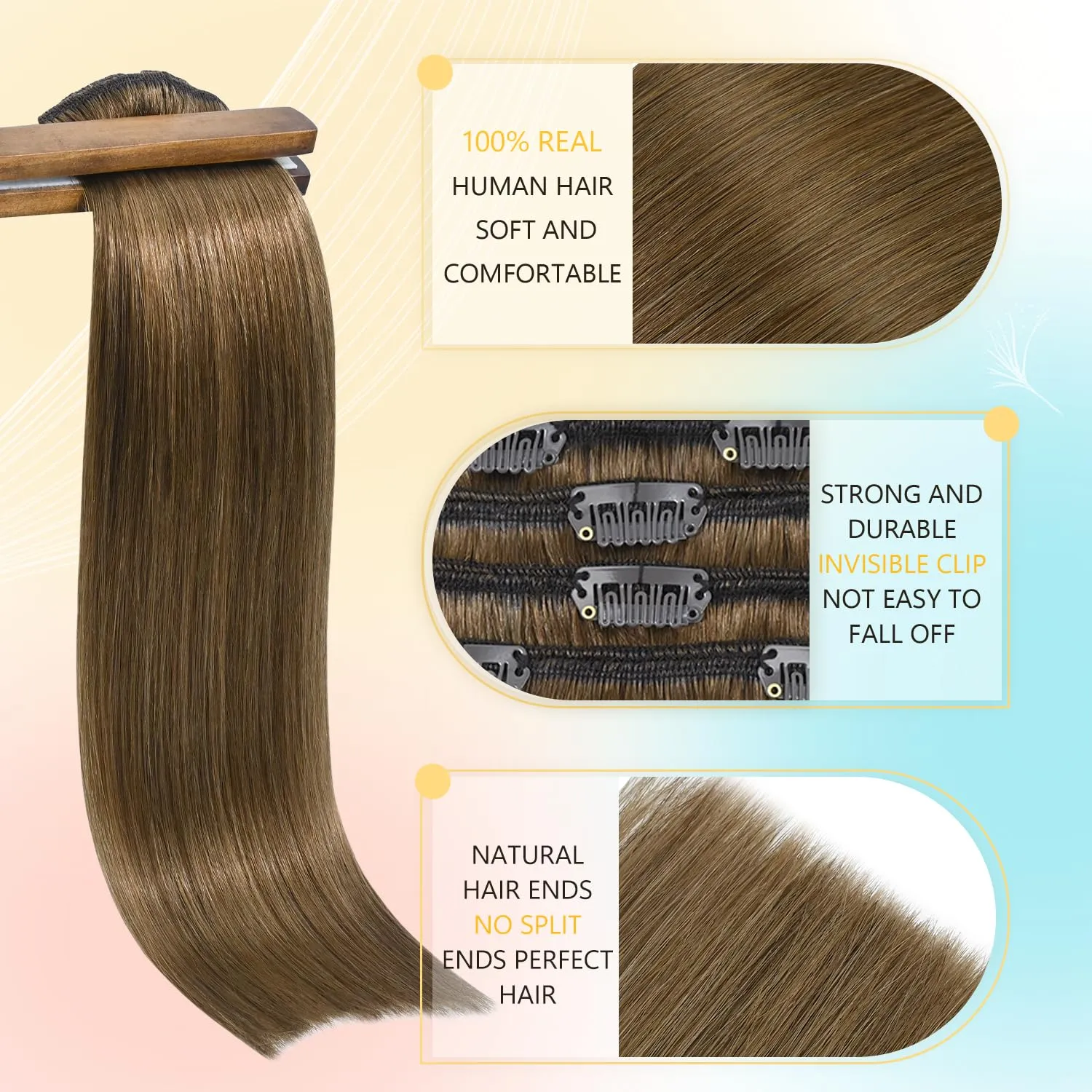 Light Brown Clip in Hair Extensions 15 Inch 75g Ntural Straight Remy Human Hair #6 Chestnut Brown Hair Extensions Clip in Soft Silky Straight Hair