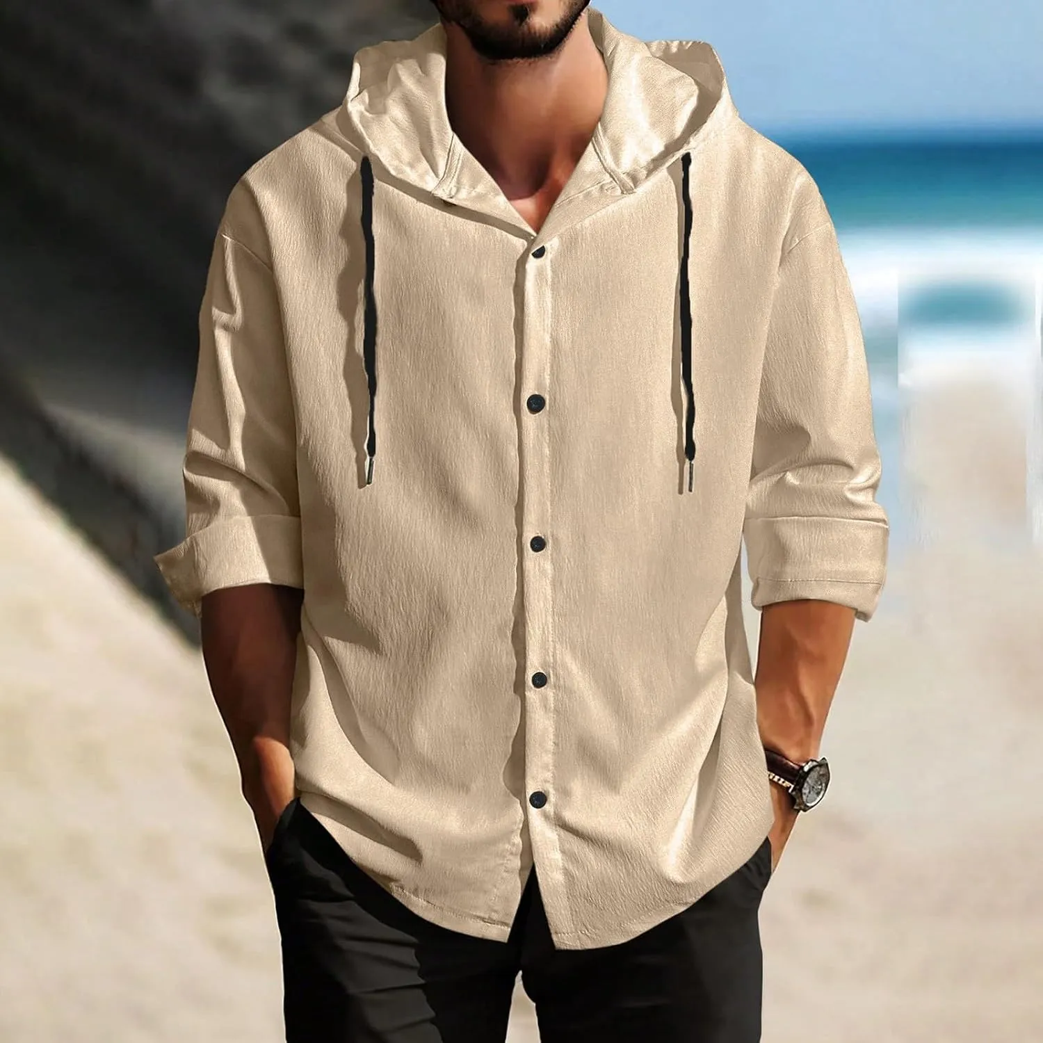 Lightweight Hooded Shirts for Men Roll Up Long Sleeve Casual Buttton Down Drawstring Hoodies Beach Yoga T Shirts