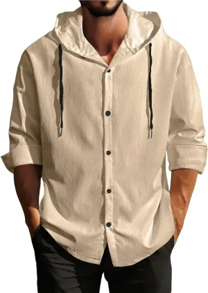 Lightweight Hooded Shirts for Men Roll Up Long Sleeve Casual Buttton Down Drawstring Hoodies Beach Yoga T Shirts