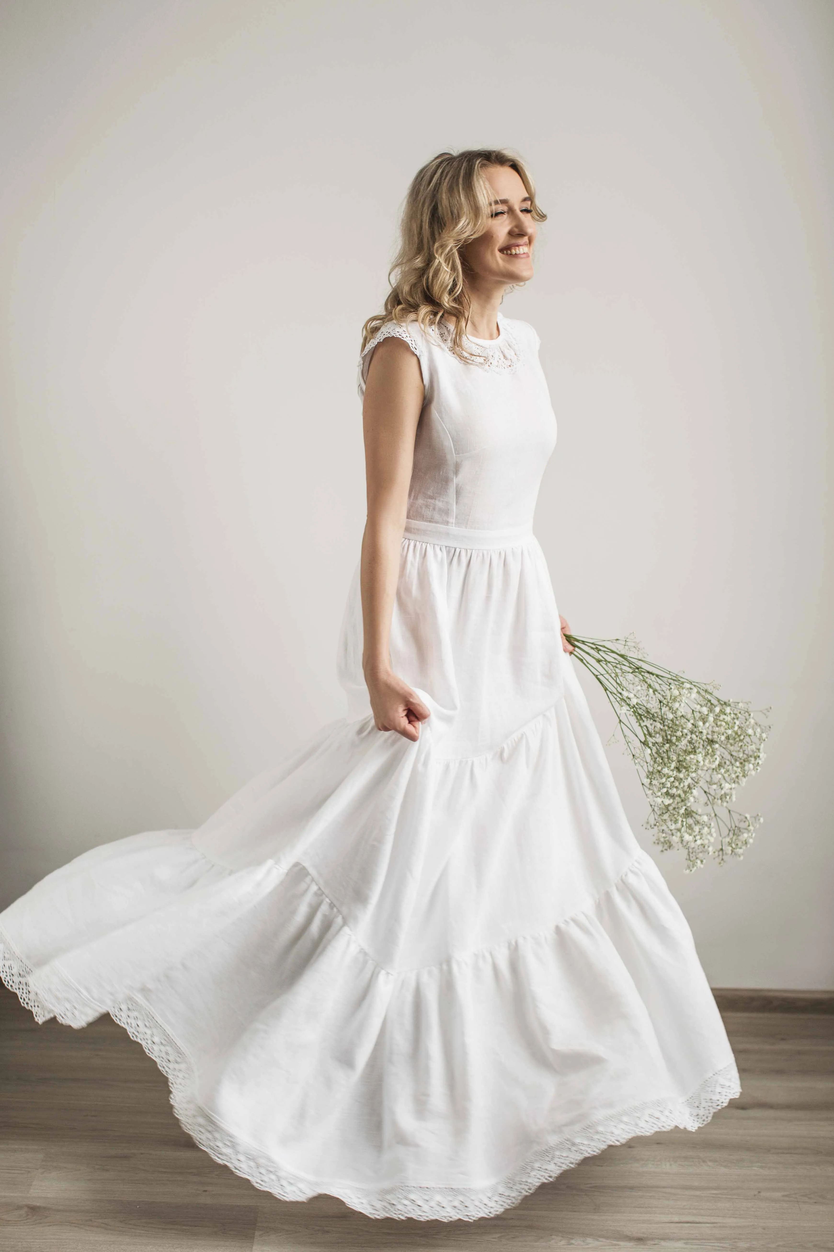 Linen Boho Lace Wedding Dress