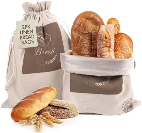 Linen Bread Bags for Homemade Bread (2 Pack, XL) – Reusable Linen Bread Bag For Sourdough – String Closure, Lined, Durable, BPA Free & Easy to Clean – Compact Bread Storage For Homemade Bread