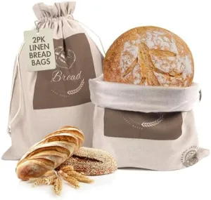 Linen Bread Bags for Homemade Bread (2 Pack, XL) – Reusable Linen Bread Bag For Sourdough – String Closure, Lined, Durable, BPA Free & Easy to Clean – Compact Bread Storage For Homemade Bread