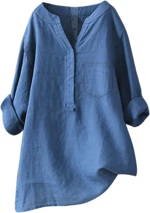 Linen Button Down Shirts for Women 2025 3/4 Sleeve V Neck Tshirts Casual Loose Tunic Tops Plus Size Beach Blouses