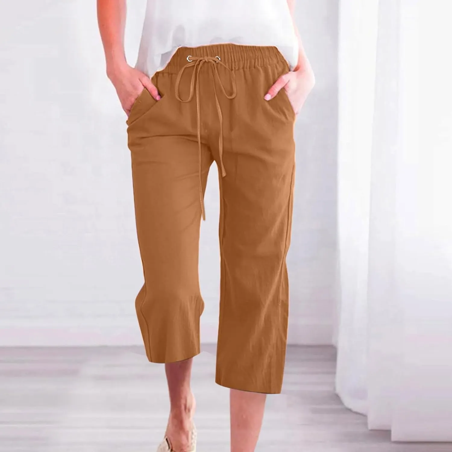 Linen Capri Pants for Women Plus Size Elastic High Waist Wide Leg Lounge Pants Summer Casual Comfy Beach Trousers