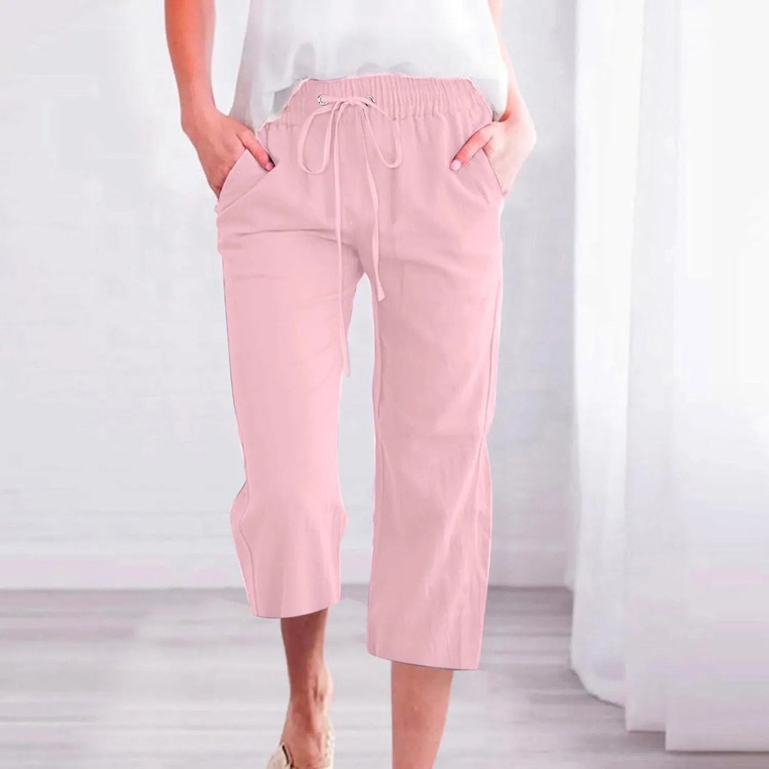Linen Capri Pants for Women Plus Size Elastic High Waist Wide Leg Lounge Pants Summer Casual Comfy Beach Trousers