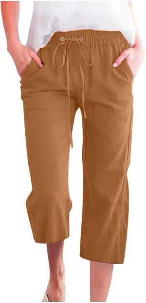 Linen Capri Pants for Women Plus Size Elastic High Waist Wide Leg Lounge Pants Summer Casual Comfy Beach Trousers