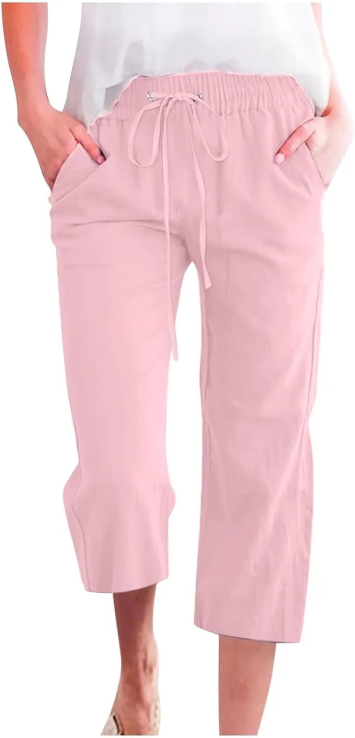 Linen Capri Pants for Women Plus Size Elastic High Waist Wide Leg Lounge Pants Summer Casual Comfy Beach Trousers