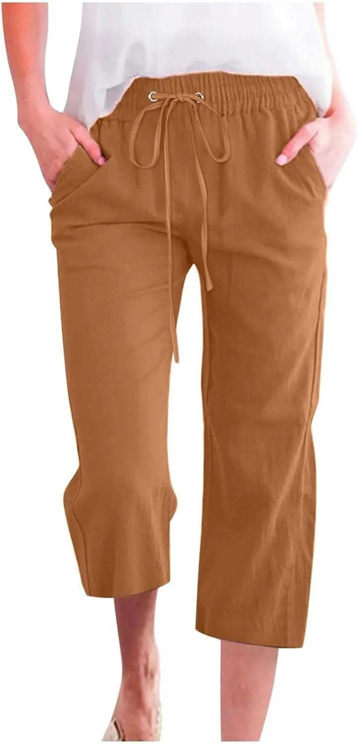 Linen Capri Pants for Women Plus Size Elastic High Waist Wide Leg Lounge Pants Summer Casual Comfy Beach Trousers