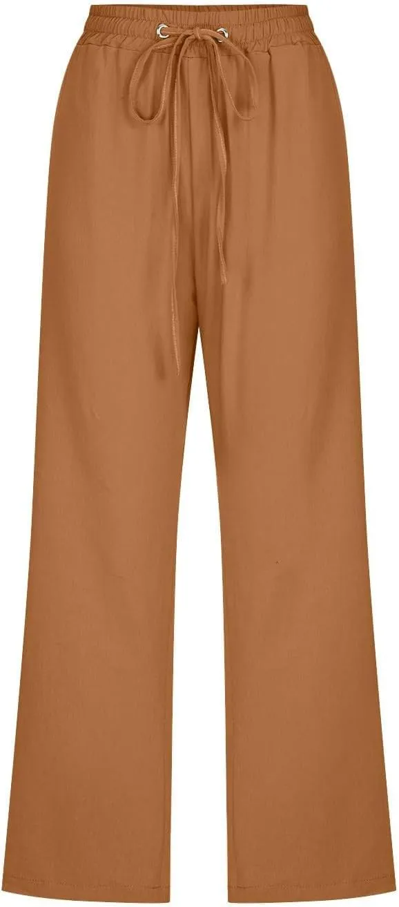 Linen Capri Pants for Women Plus Size Elastic High Waist Wide Leg Lounge Pants Summer Casual Comfy Beach Trousers