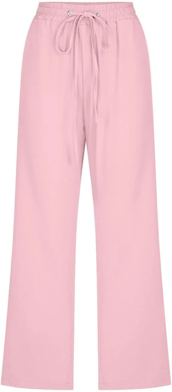 Linen Capri Pants for Women Plus Size Elastic High Waist Wide Leg Lounge Pants Summer Casual Comfy Beach Trousers