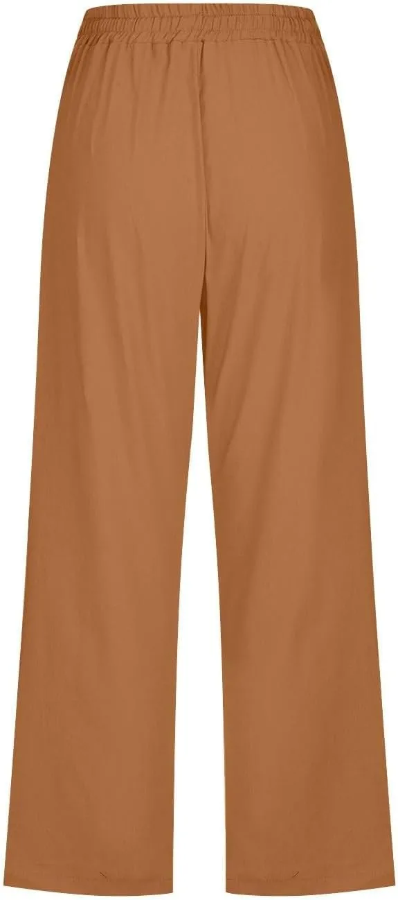 Linen Capri Pants for Women Plus Size Elastic High Waist Wide Leg Lounge Pants Summer Casual Comfy Beach Trousers