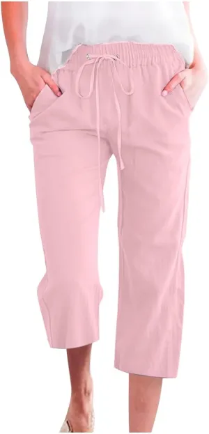 Linen Capri Pants for Women Plus Size Elastic High Waist Wide Leg Lounge Pants Summer Casual Comfy Beach Trousers