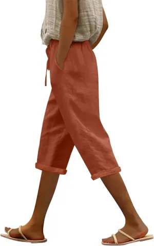 Linen Capris for Women Cotton Elastic Long Pants Beach Leisure Trousers Crop Beach Trousers Women Linen Capri Pants