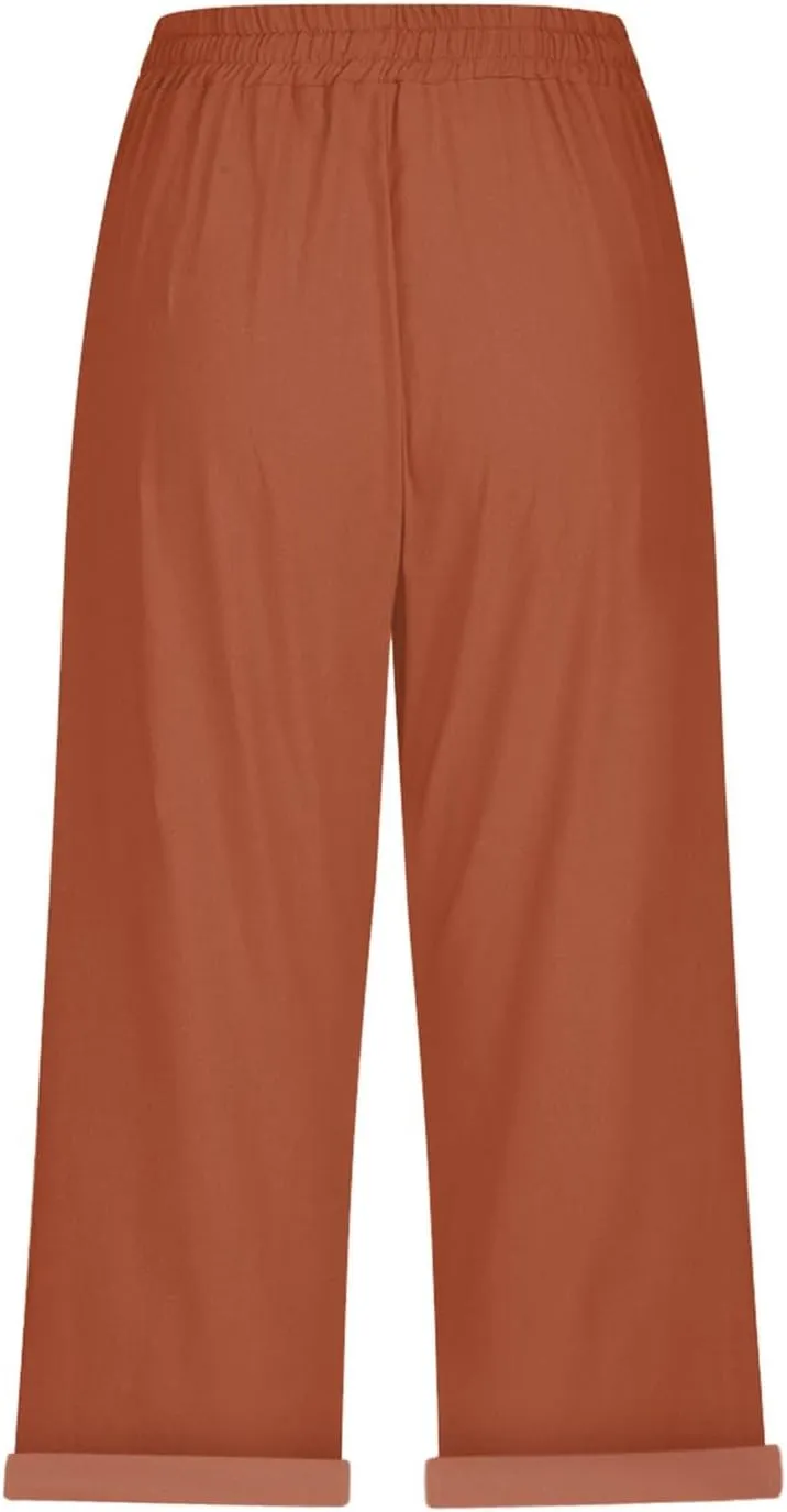 Linen Capris for Women Cotton Elastic Long Pants Beach Leisure Trousers Crop Beach Trousers Women Linen Capri Pants
