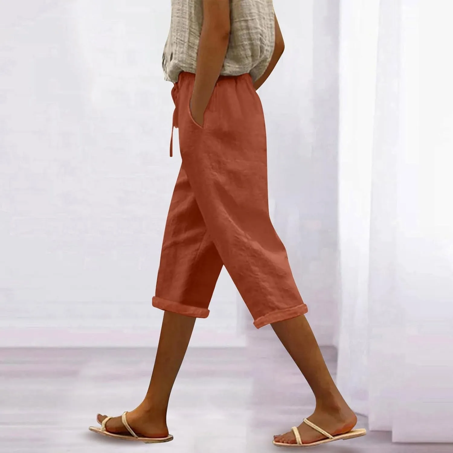 Linen Capris for Women Cotton Elastic Long Pants Beach Leisure Trousers Crop Beach Trousers Women Linen Capri Pants