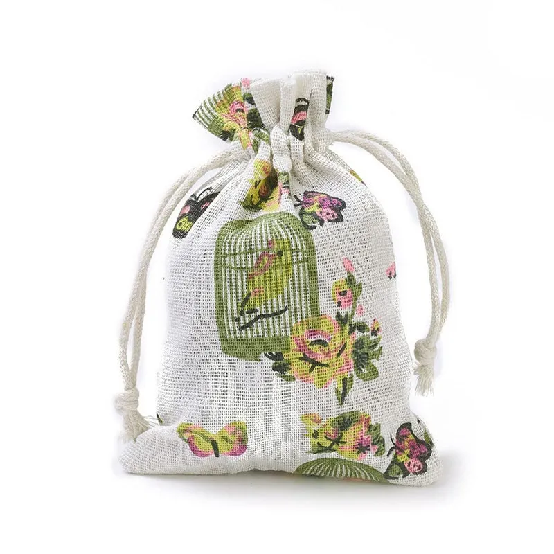 Linen Drawstring Bags Birdcage Pattern - 3 Sizes
