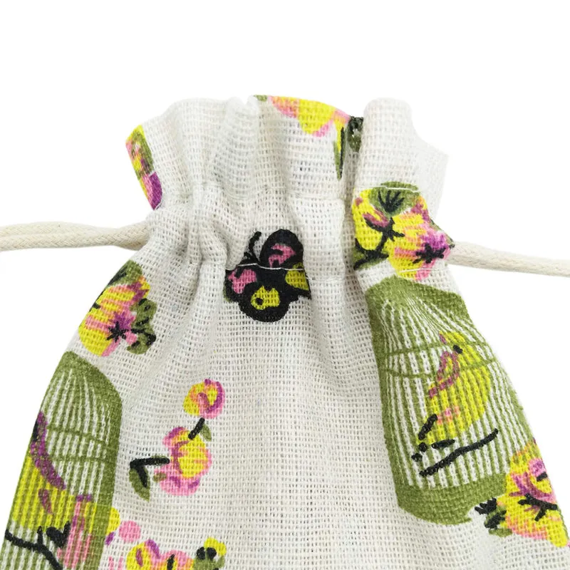 Linen Drawstring Bags Birdcage Pattern - 3 Sizes