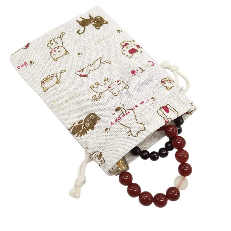 Linen Drawstring Bags Cartoon Cat Pattern - 3 Sizes