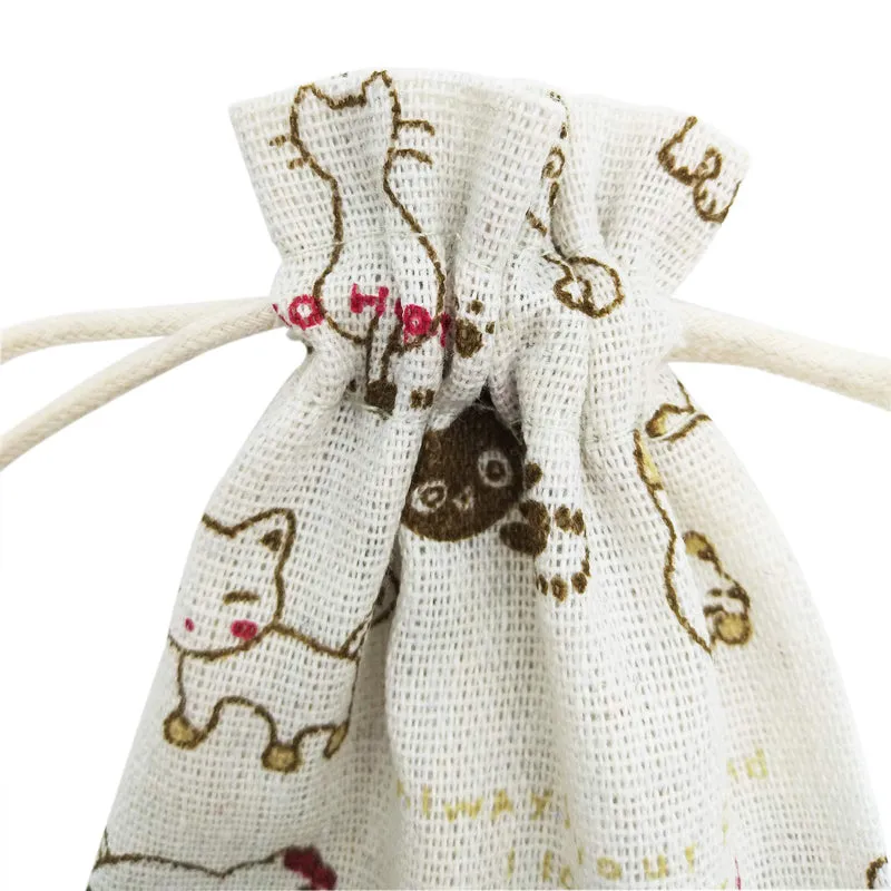 Linen Drawstring Bags Cartoon Cat Pattern - 3 Sizes